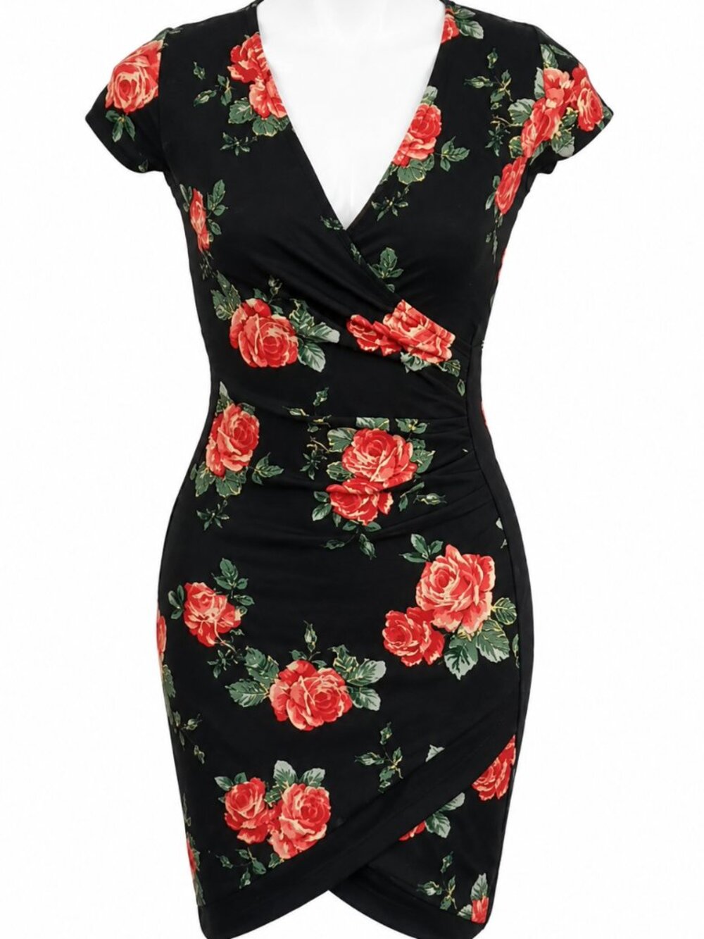 NWT - Small black dress Form fitting floral dress. V-neck faux wrap Summer dress